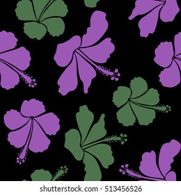 Aloha Hawaii, Luau Party invitation on black background with hibiscus flowers in green and violet colors. Aloha T-Shirt design. Best creative design for poster, flyer, print. Vector seamless pattern.