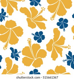 Aloha Hawaii, Luau Party invitation on white background with hibiscus flowers in blue and yellow colors. Vector seamless pattern. Aloha T-Shirt design. Best creative design for poster, flyer, printing