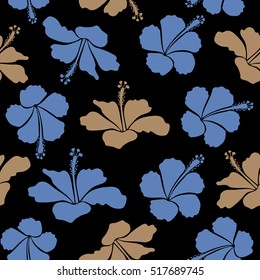 Aloha Hawaii, Luau Party invitation on black background with hibiscus flowers in blue and beige colors. Aloha T-Shirt design. Best creative design for poster, flyers or decor. Vector seamless pattern.