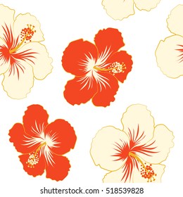 Aloha Hawaii, Luau Party invitation on white background with beige and red hibiscus flowers. Aloha T-Shirt design. Best creative design for poster, flyer, presentation. Vector.