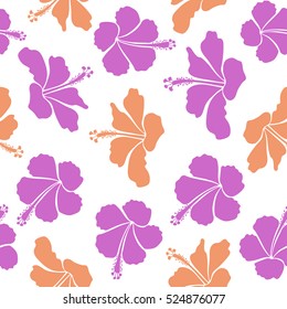 Aloha Hawaii, Luau Party invitation on white background with hibiscus flowers in violet and orange colors. Aloha T-Shirt design. Best creative design for poster, flyer, fabric. Vector seamless pattern