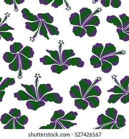 Aloha Hawaii, Luau Party invitation on white background with hibiscus flowers in green and purple colors. Best creative design for poster, flyer, textil. Vector seamless pattern. Aloha T-Shirt design.