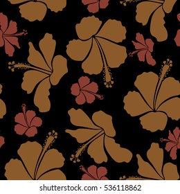Aloha Hawaii, Luau Party invitation on black background with hibiscus flowers in brown and beige colors. Vector seamless pattern. Aloha T-Shirt design. Good creative design for poster, flyer, fabric.