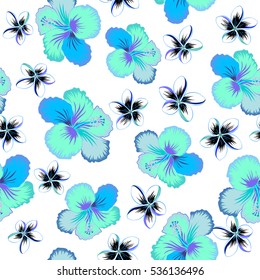 Aloha Hawaii, Luau Party invitation on white background with hibiscus flowers in blue colors. Vector seamless pattern. Aloha T-Shirt design. Best creative design for poster, flyer, presentation.