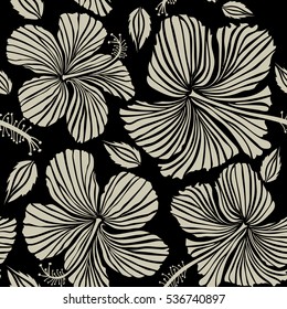 Aloha Hawaii, Luau Party invitation on black background with hibiscus flowers in neutral colors. Aloha T-Shirt design. Best creative design for poster, flyer, presentation. Vector seamless pattern.