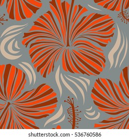 Aloha Hawaii, Luau Party invitation with brown, gray and orange hibiscus flowers. Aloha T-Shirt design. Best creative design for poster, flyer, presentation. Vector seamless pattern.