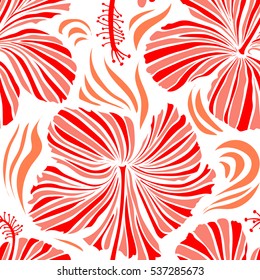 Aloha Hawaii, Luau Party invitation on white background with hibiscus flowers in red and pink colors. Best creative design for poster, flyer, textile. Vector seamless pattern. Aloha T-Shirt design.