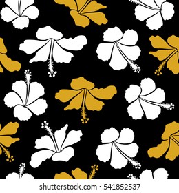 Aloha Hawaii, Luau Party invitation on black background with hibiscus flowers in yellow and white colors. Aloha T-Shirt design. Best creative design for poster, flyer, fabric. Vector seamless pattern.