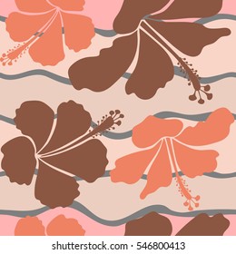 Aloha Hawaii, Luau Party invitation with brown and orange hibiscus flowers. Vector seamless pattern. Aloha T-Shirt design. Best creative design for poster, flyer, presentation.