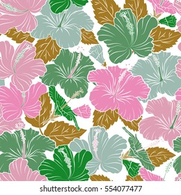 Aloha Hawaii, Luau Party invitation on white background with hibiscus flowers in green and pink colors. Vector seamless pattern. Aloha T-Shirt design. Best creative design for poster, flyers, printing