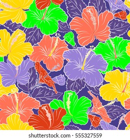 Aloha Hawaii, Luau Party invitation with violet, orange and yellow hibiscus flowers. Aloha T-Shirt design. Best creative design for poster, flyer, presentation. Vector seamless pattern.