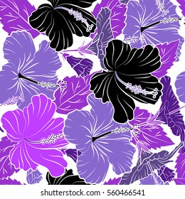 Aloha Hawaii, Luau Party invitation with violet, white and black hibiscus flowers. Vector seamless pattern. Aloha T-Shirt design. Best creative design for poster, flyer, presentation.