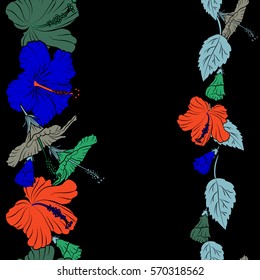Aloha Hawaii, Luau Party invitation with green, blue and orange hibiscus flowers. Vector vertical seamless pattern. Aloha T-Shirt design. Best creative design for poster, flyer and place for your text