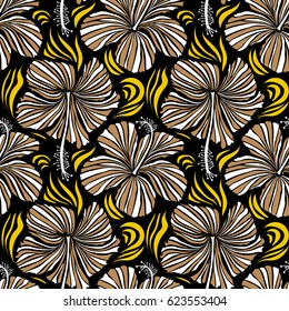 Aloha Hawaii, Luau Party invitation on black background with hibiscus flowers in beige and yellow colors. Aloha T-Shirt design. Best creative design for poster, flyer, prints. Vector seamless pattern.