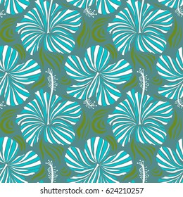 Aloha Hawaii, Luau Party invitation with blue, green and white hibiscus flowers. Vector seamless pattern. Aloha T-Shirt design. Best creative design for poster, flyer, presentation.