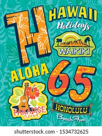 Aloha from Hawaii paradise island vector print for children wear with applique patch and seamless pattern background