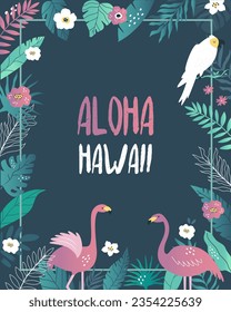 Aloha Hawaii party invitation template with tropical leaves, blossom flowers, flamingos and cockatoo parrot