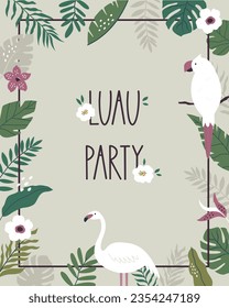 Aloha Hawaii party invitation template with tropical leaves, blossom flowers , cockatoo and flamingo.