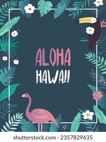 Aloha Hawaii Party Einladung Vorlage mit tropischen Blättern, Blüten, Flamingo und Toucan.