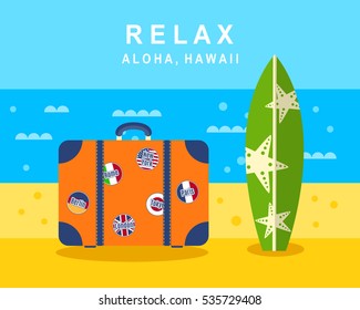 Aloha Hawaii poster, banner with surf board and suitcase on beach sand with sea background. Flat style modern design for web, social media, blog post. Relax and summer travel concept.

