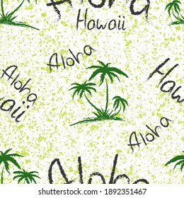 Aloha Hawaii quote t-shirt print and hand-drawing illustration. Seamless pattern with palm trees related trendy t-shirt apparel design - Vector illustration