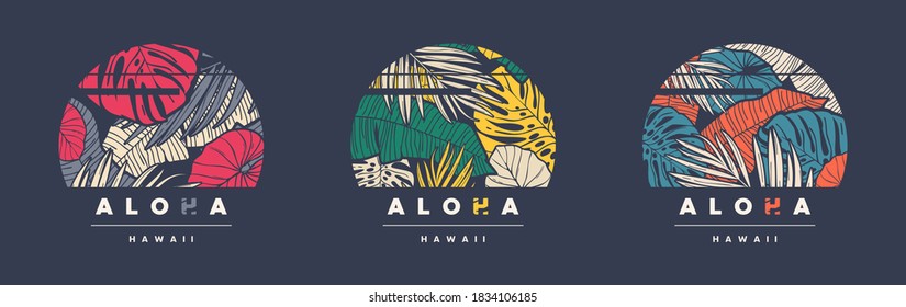 Aloha Hawaii. Set of three colorful tropical vector t-shirt designs, posters, prints, labels.