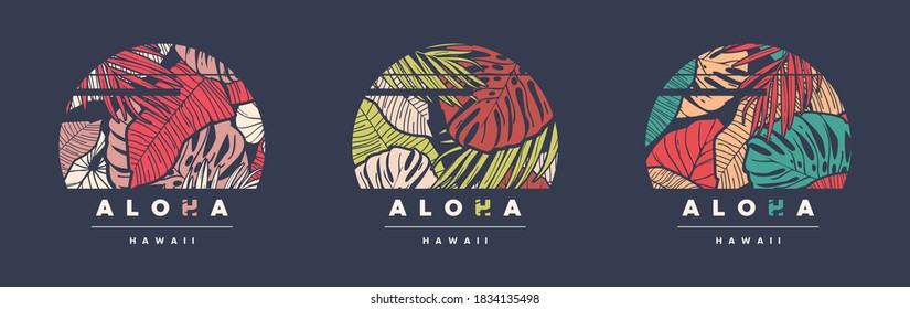 Aloha Hawaii. Set of three colorful tropical vector t-shirt designs, posters, prints, labels.