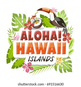 Aloha Hawaii sticker header lettering with toucan and tropical leaves background