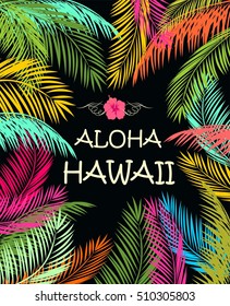 Aloha Hawaii summer beach party poster with colorful palm leaves