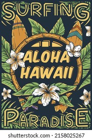 Aloha hawaii Surfposter. Sommersurfing Ti Maske Druck. Surferparadies