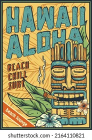 Aloha hawaii surf poster. Summer surfing tiki mask print