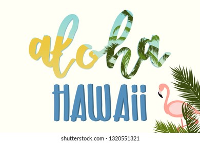 Aloha Hawaii text with palm leaves, ocean and sun. Poster, postcard, web-template. Vector illustration.