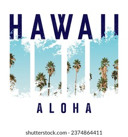 Aloha Hawaii text with tropical Vector on a white background. beach vector t-shirt design. surfing and surf in Hawaii. Stamp typography, t-shirt graphics, print, poster, banner, flyer, postcard