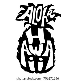 Aloha Hawaii. Typography banner. Pineapple sketch illustration. Calligraphy poster. Vector lettering.