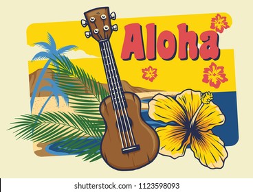 aloha hawaii ukulele in vintage style