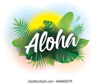 Aloha Hawaii. Vector background with typography for posters and banners. Illustration with tropical leaves and sun.