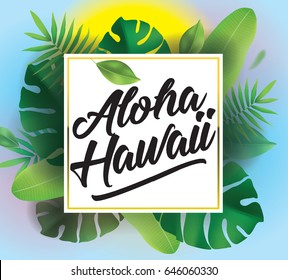 Aloha Hawaii. Fondo vectorial con tipografía para carteles y pancartas. Ilustración con hojas tropicales y sol.