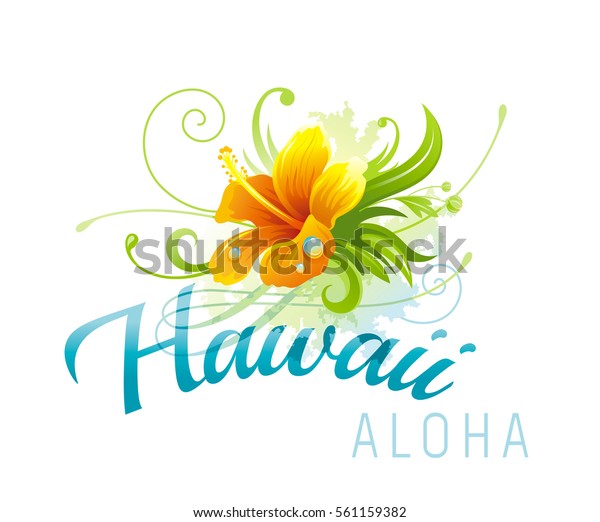 白い背景にアロハハワイのベクターイラスト 水彩のハイビスカスグランジ花 夏休みのバナー シービーチのバケーションポスター 熱帯の島の旅行ロゴアイコン テンプレートデザイン のベクター画像素材 ロイヤリティフリー