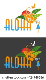 Aloha Hawaii. Welcome text with exotic flowers and a beacon for posters and leaflets