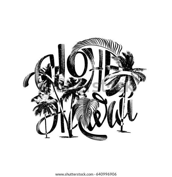 アロハ ハワイの手書きの文字で 白黒のビンテージとグランジスタイルで 手のひらのシルエットを使用 Tシャツのデザイン のベクター画像素材 ロイヤリティフリー
