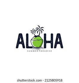 Aloha Hawaiian handmade tropical exotic t shirt graphics. Summer apparel print design. Retro drawn palm trees vector illustration. Travel souvenir idea. Vintage textured hand crafted ink drawing.