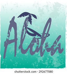 Aloha Hawaiian handmade tropical exotic t shirt graphics. Summer apparel print design. Retro drawn palm trees vector illustration. Travel souvenir idea. Vintage textured hand crafted ink drawing.