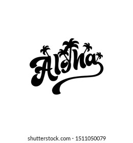 Tipografía de saludo en lengua hawaiana, ilustración de diseño vectorial de palmas dibujadas a mano. Es bueno para la tarjeta de felicitación, la impresión en pantalones, el volante, el afiche.