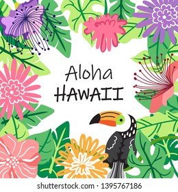 Aloha Hawaiian party invitation with palm leaves and exotic flowers. Summer vacation vector illustration. Square frame poster. Colorful hibiscus flowers blossom and tropical leaves.