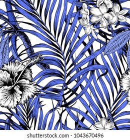 Aloha Hawaiian Shirt Seamless Background Pattern. Tropical flowers and leaf, Palm, gibiscus, plumeria.