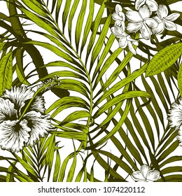 Aloha Hawaiian Shirt Seamless Background Pattern. Tropical flowers and leaf, Palm, gibiscus, plumeria.