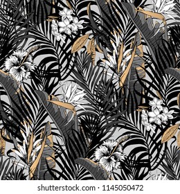 Aloha Hawaiian Shirt Seamless Background Pattern. Tropical flowers and leaf, Palm, gibiscus, plumeria.