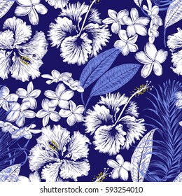 Aloha Hawaiian Shirt Seamless Background Pattern. Tropical flowers and leaf, Palm, gibiscus, plumeria.