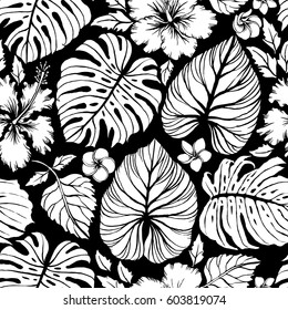 Aloha Hawaiian Shirt Seamless Background Pattern. Tropical flowers and leaf, Palm, gibiscus, plumeria.