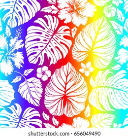 Aloha Hawaiian Shirt Seamless Background Pattern. Tropical flowers and leaf, Palm, gibiscus, plumeria.